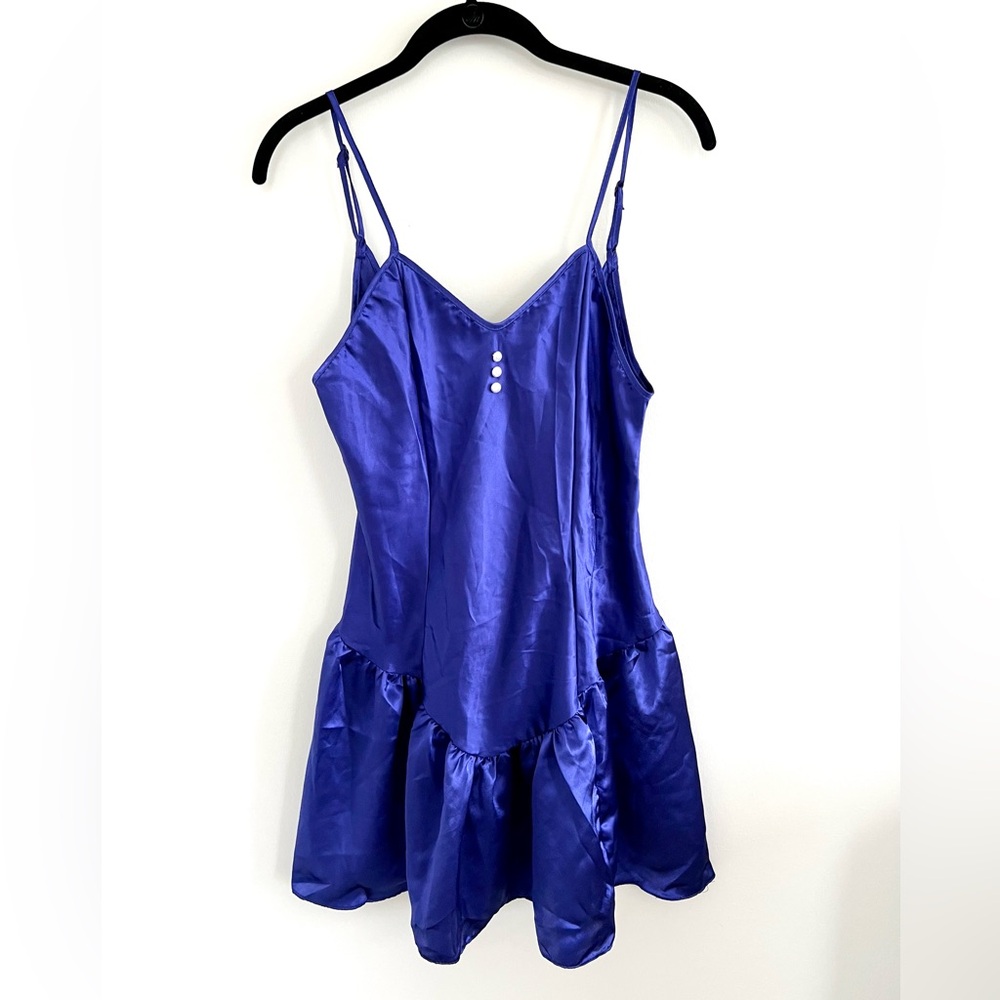 Vintage Lady Cameo Dallas Satin Dark Blue Spaghetti Strap Slip Dress | Medium